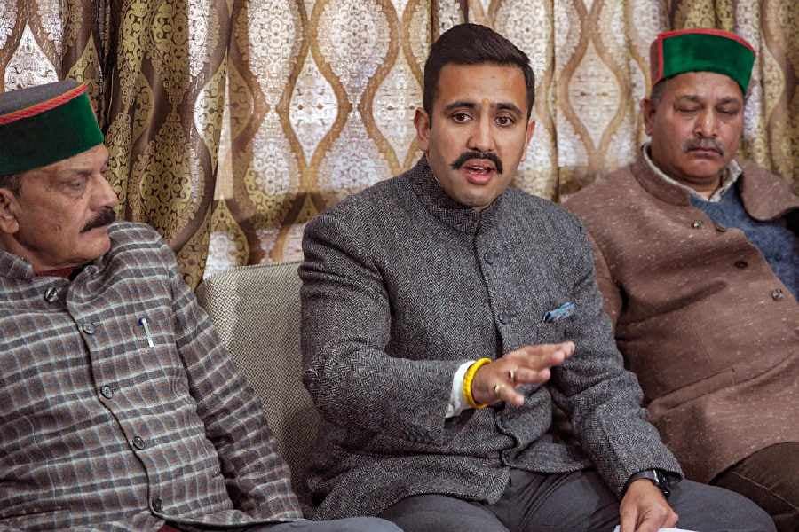 MLA Vikramaditya Singh addresses a press conference, in Shimla.