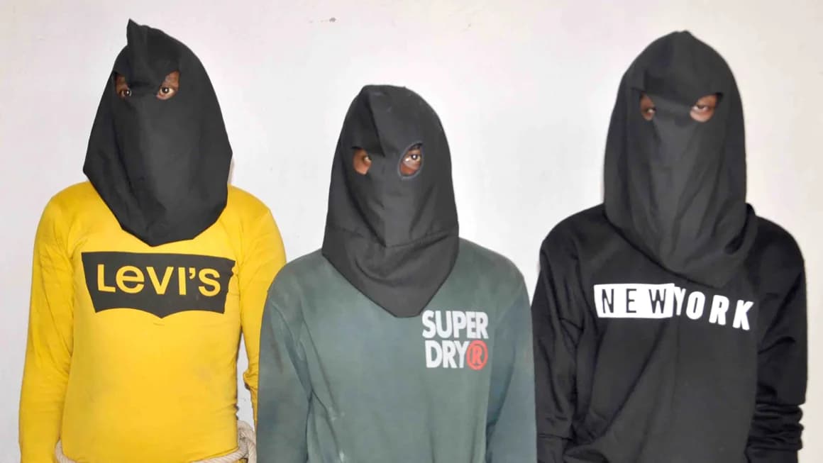 A photo released by Dumka police of three men who have been arrested for the alleged rape and assault of a tourist couple in India. Dumka Police/X