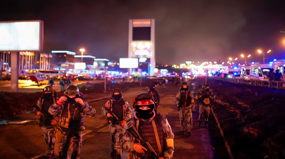 Moscow concert attack: Russian Rosguardia (National Guard) servicemen deployed at the Crocus City Hall on the western edge of Moscow, on Saturday, March 22, after several gunmen burst into a big concert and fired automatic weapons at the crowd. (AP)