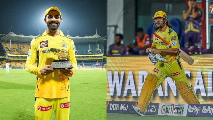 Ravindra Jadeja (left) stepped out before MS Dhoni to tease the Chennai crowd. (X | CSK)