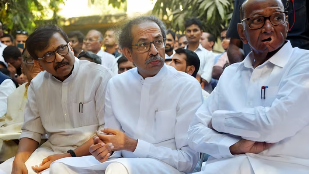 Shiv Sena (Uddhav Balasaheb Thackeray) chief Uddhav Thackeray with party leader Sanjay Raut, Nationalist Congress Party (SP) chief Sharad Pawar in Mumbai. (ANI file)