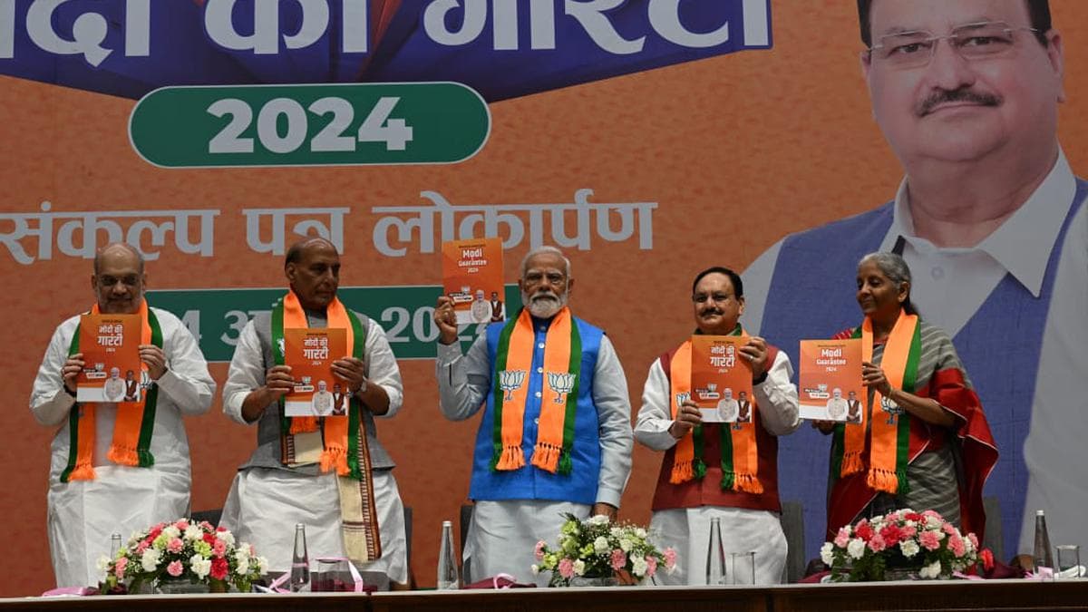 Prime Minister Narendra Modi with Defence Minister Rajnath Singh, Home Minister Amit Shah, BJP President J.P. Nada, FM Nirmala Sirharaman during the launch of BJP’s Sankalp Patra in New Delhi on April 14, 2024