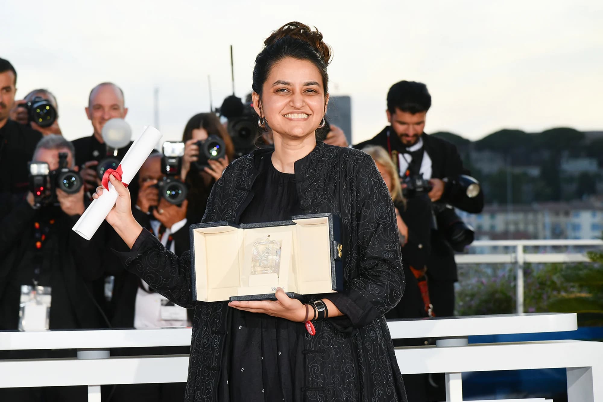Payal Kapadia poses with the Grand Prix award at the 77th annual Cannes Film Festival on May 25, 2024. Dominique Charriau/WireImage/Getty Images