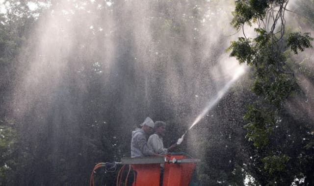 Delhi authorities sprays water on roads