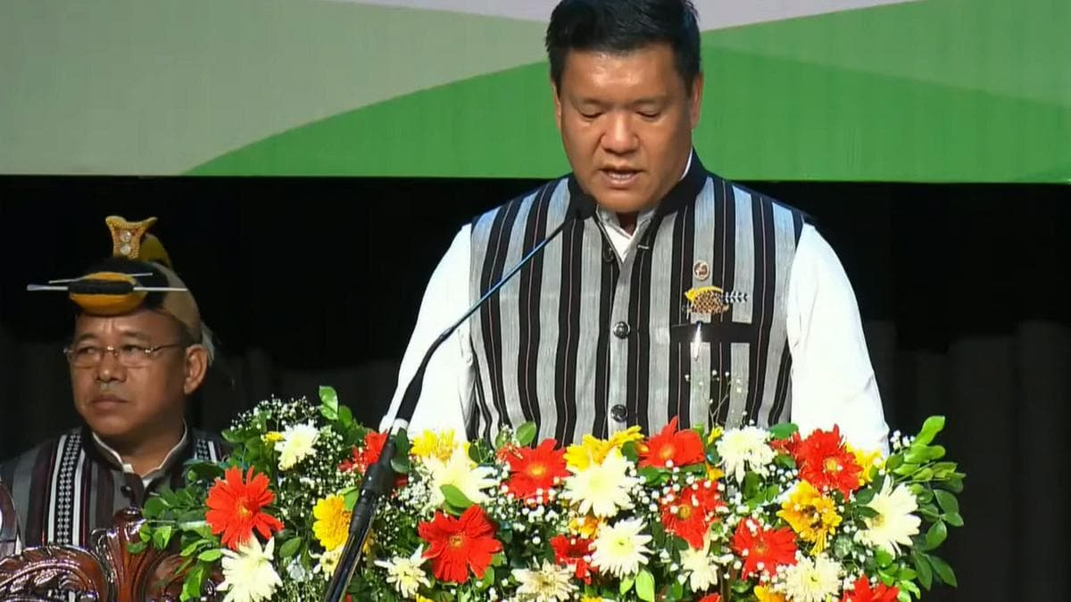 Arunachal Pradesh Chief Minister Pema Khandu takes oath for the third consecutive term, at the DK State Convention Centre in Itanagar on June 13, 2024.
