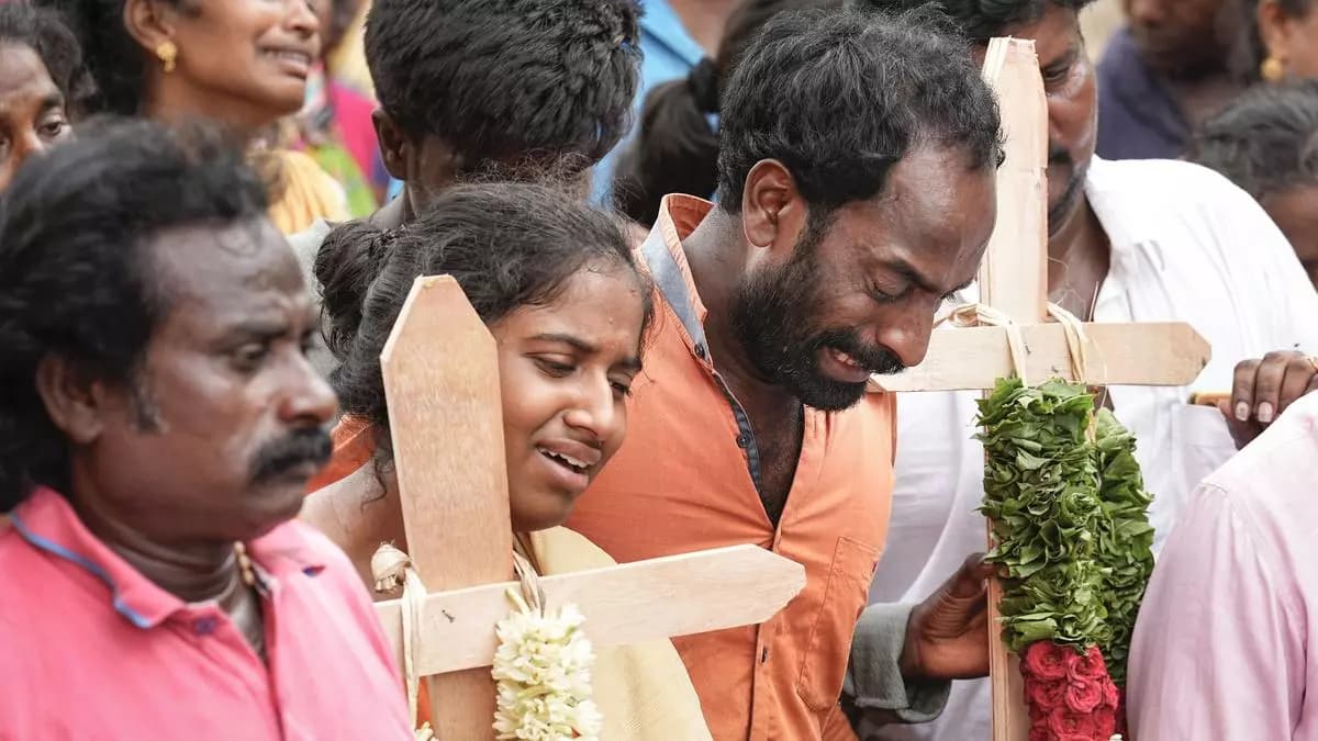 People mourn the deaths of their family members due to the consumption of spurious liquor in Kallakurichi district on June 20, 2024. At least thirty-four people from Kallakurichi district have died in the tragedy.