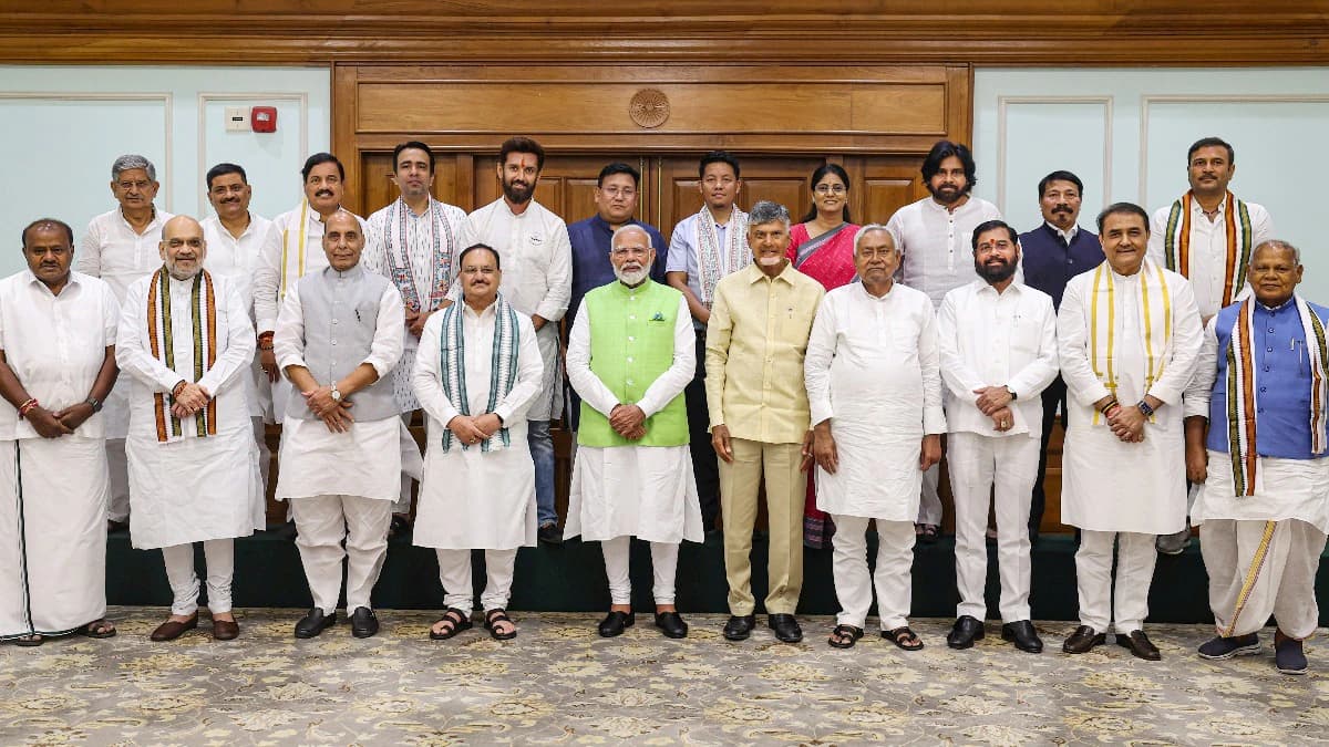 Prime Minister Narendra Modi with TDP chief N Chandrababu Naidu, JD(U) chief Nitish Kumar and other leaders during a meeting of the NDA at PM's residence in New Delhi on June 5.