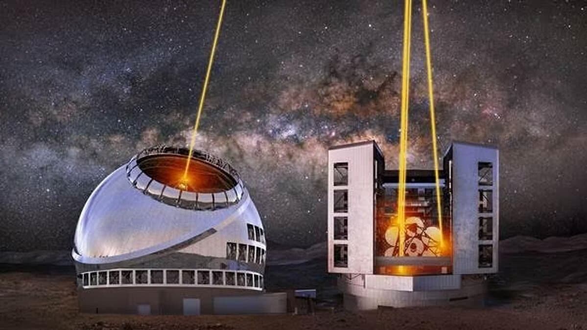 An artist's impression of TMT and ELT (European Southern Observatory's Extremely Large Telescope, coming up in Chile) using lasers to create artificial guide stars
