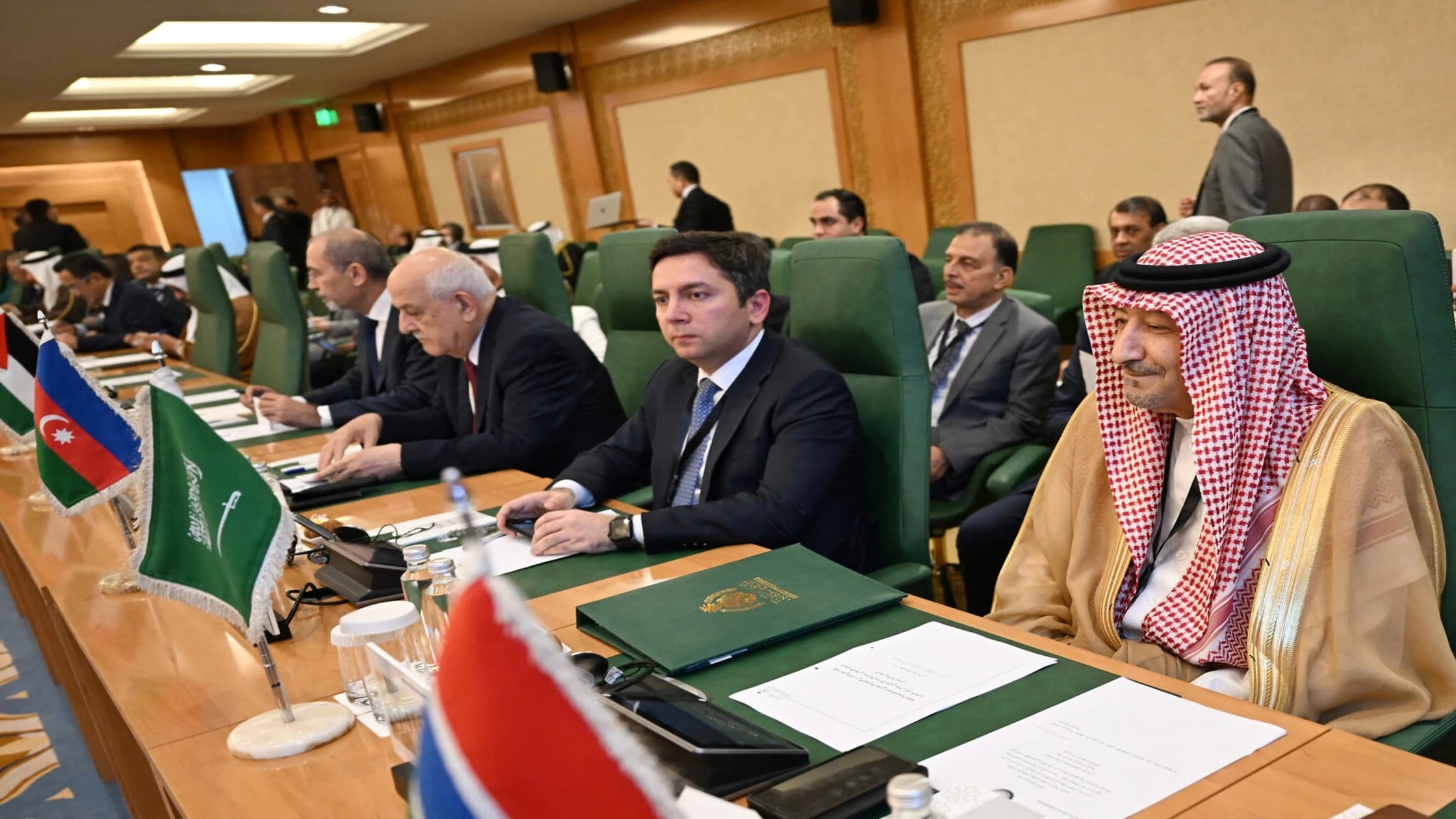 (R to L) Deputy Foreign Ministers of Saudi Arabia Waleed Al-Khuraiji and Azerbaijan Yalchin Rafiyev, Palestinian Ambassador to the United Nations Riyad Mansour and Jordanian Foreign Minster Ayman Safadi, attend the Organisation of Islamic Cooperation (OIC) meeting in Jeddah on August 7, 2024.