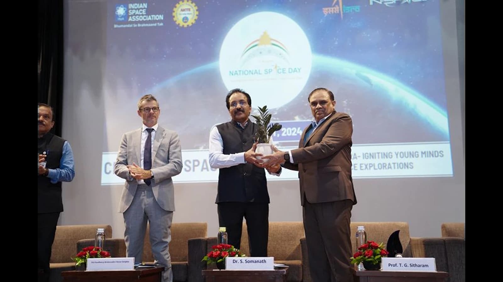 Isro chairman S Somanath and AICTE chairman T G Sitharam launch a model course on space curriculum at National Space Day function in Delhi.