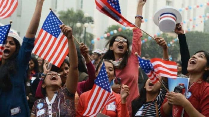 Indian students with US flag