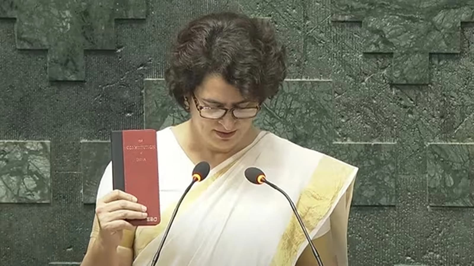 Congress leader Priyanka Gandhi taking oath as MP in Lok Sabha on November 28 (Image source: YouTube/Sansad TV)