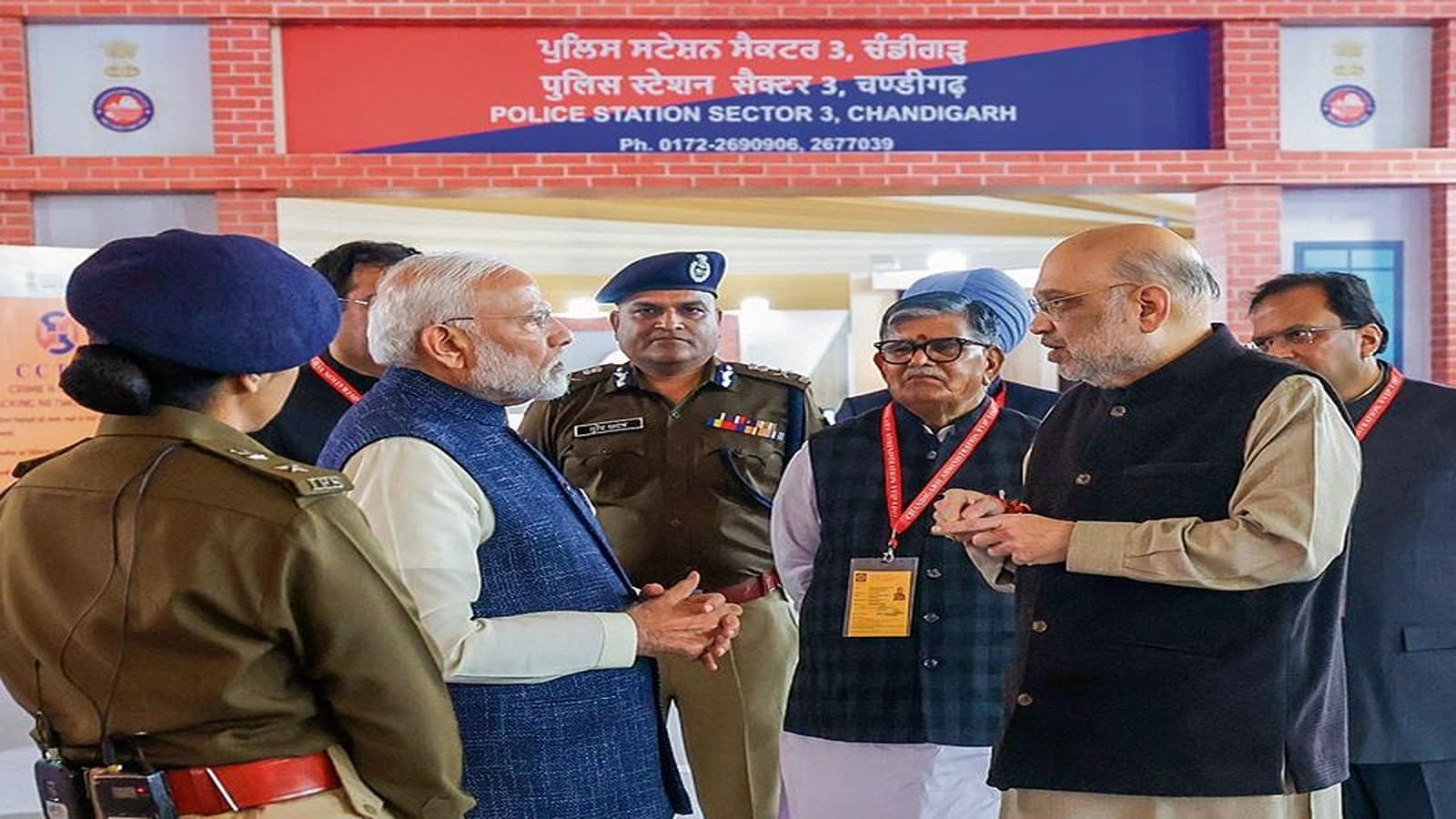 Prime Minister Narendra Modi along with Home Minister Amit Shah and Punjab Governor Gulab Chand Kataria visits an exhibition on the implementation of new criminal laws in Chandigarh on Dec 3.