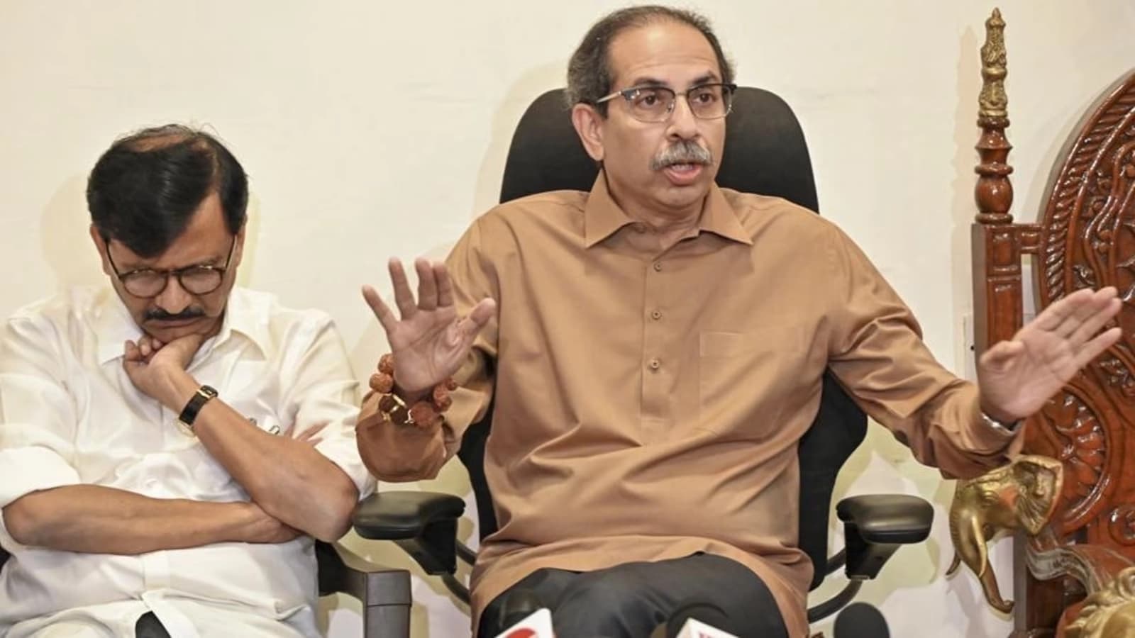 Shiv Sena (UBT) chief Uddhav Thackeray with party leader Sanjay Raut during a press conference after the results of the Maharashtra Assembly elections, in Mumbai, Nov 23.