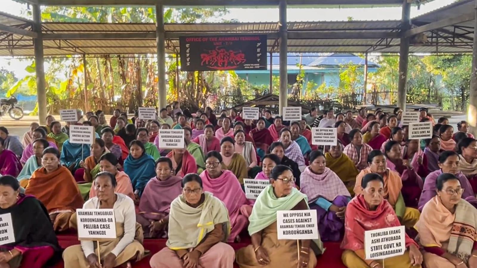 Women protested against the NIA case involving Arambai Tengol chief Korounganba Khuman in Imphal on Dec 3. (Image Source: PTI)