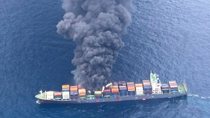 Singapore-flagged cargo ship catches fire off Kerala's Beypore coast; 18 rescued, 4 missing