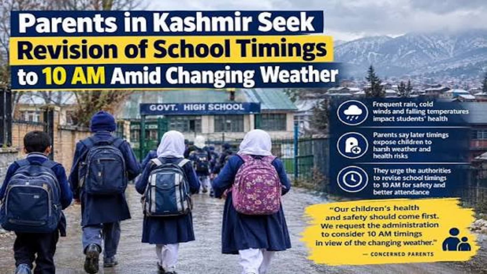 Students arriving at a school in Kashmir amid revised Jammu and Kashmir school timings for October 2026.