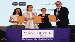 Manchester Museum director Esme Ward, Greater Manchester Mayor Bev Craig and University of Manchester Vice-Chancellor Duncan Ivison at the MoU signing with Science Gallery Bengaluru representatives.