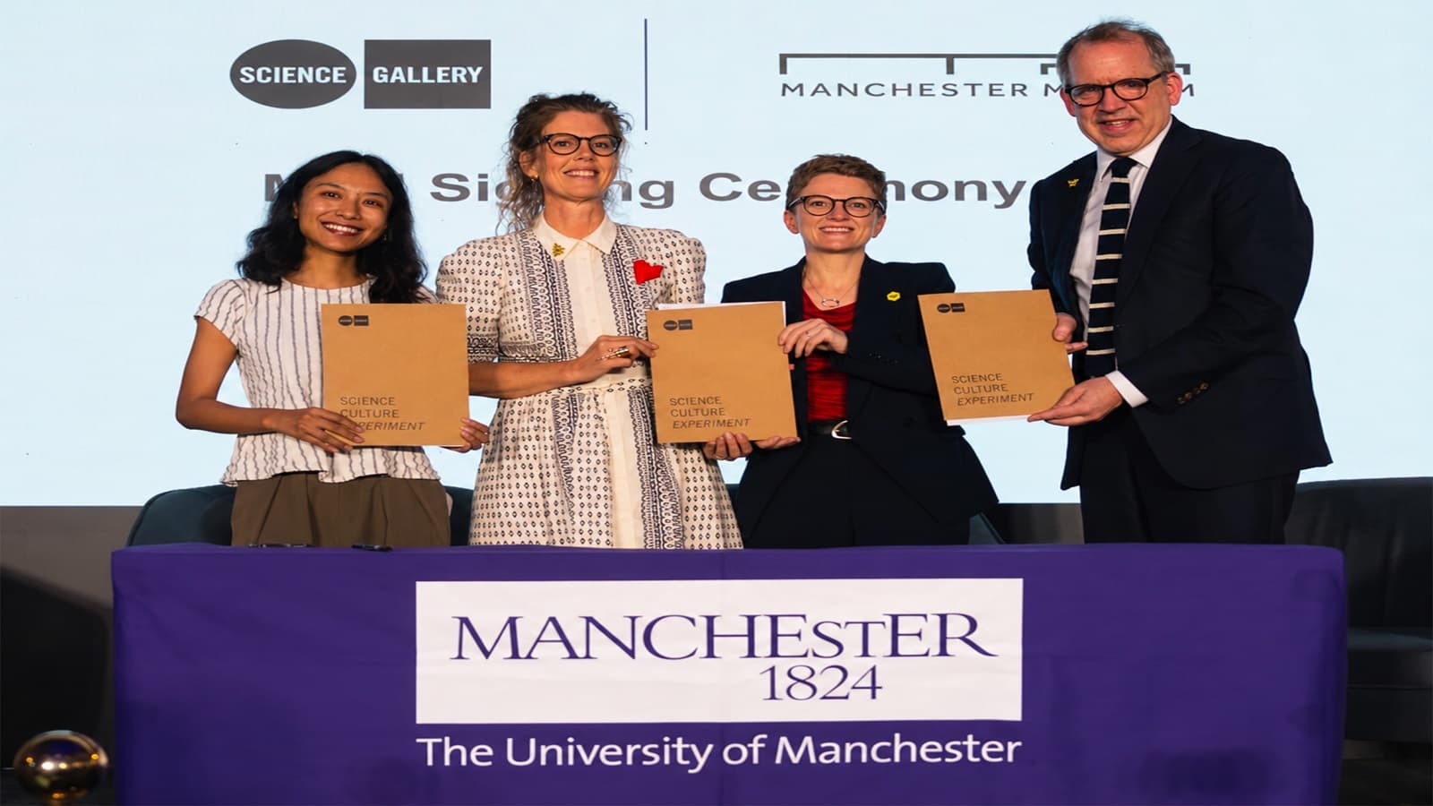 Manchester Museum director Esme Ward, Greater Manchester Mayor Bev Craig and University of Manchester Vice-Chancellor Duncan Ivison at the MoU signing with Science Gallery Bengaluru representatives.