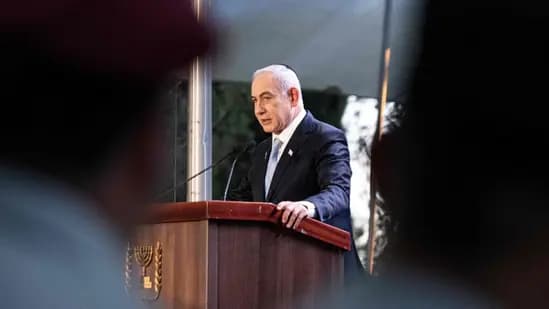 Israeli Prime Minister Benjamin Netanyahu spoke at the state memorial for Zeev Jabotinsky, a Zionist leader and founder of the Israeli right-wing ideology, at Mount Herzl Military Cemetery in Jerusalem on August 4, 2024.