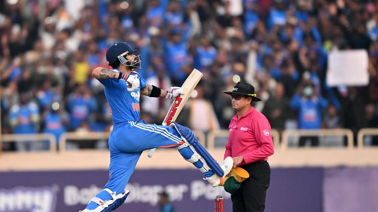 Virat Kohli celebrates his century during the first ODI against South Africa in Ranchi on November 30, 2025