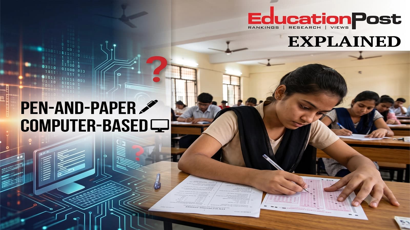 Students appearing for a computer-based entrance examination at a test centre, illustrating the proposed NEET-UG exam format change.