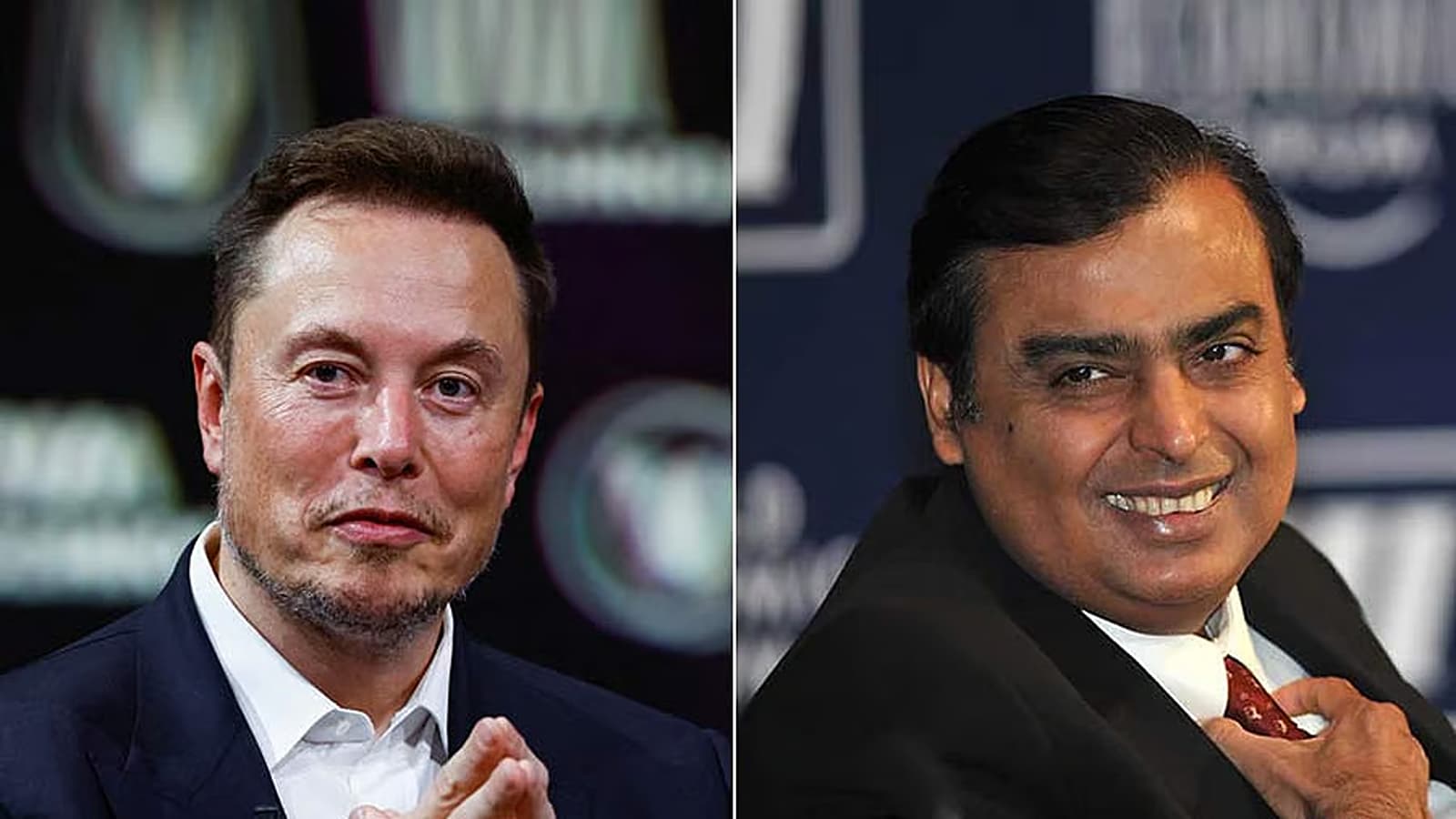 Elon Musk and Mukesh Ambani in a news graphic about Starlink’s delayed India launch and satellite internet competition.