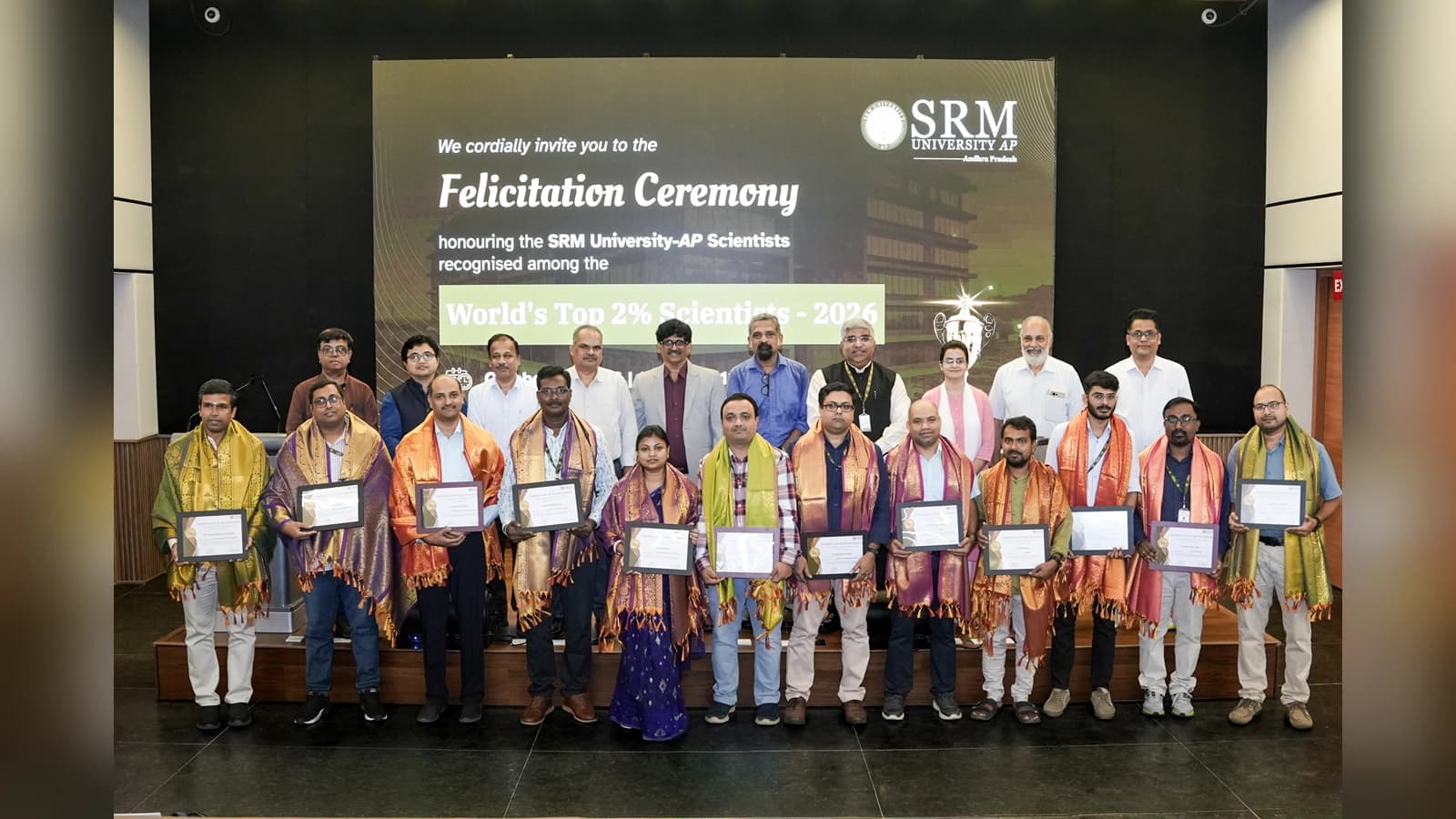SRM University-AP Vice-Chancellor and university leadership felicitating faculty members recognised among the World’s Top 2% Scientists.