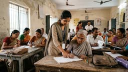 B.Ed. trainee teacher helping adult learners practise reading and writing, illustrating the ULLAS 2026 teacher education guidelines.