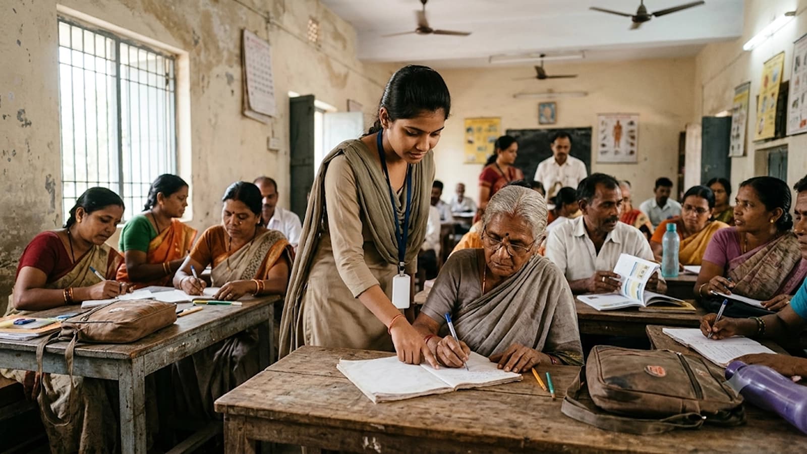 B.Ed. trainee teacher helping adult learners practise reading and writing, illustrating the ULLAS 2026 teacher education guidelines.
