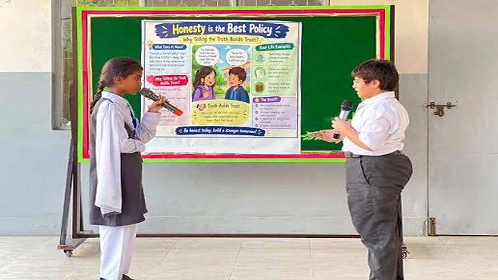 Students in a Delhi MCD primary school participating in value-based moral education activities.